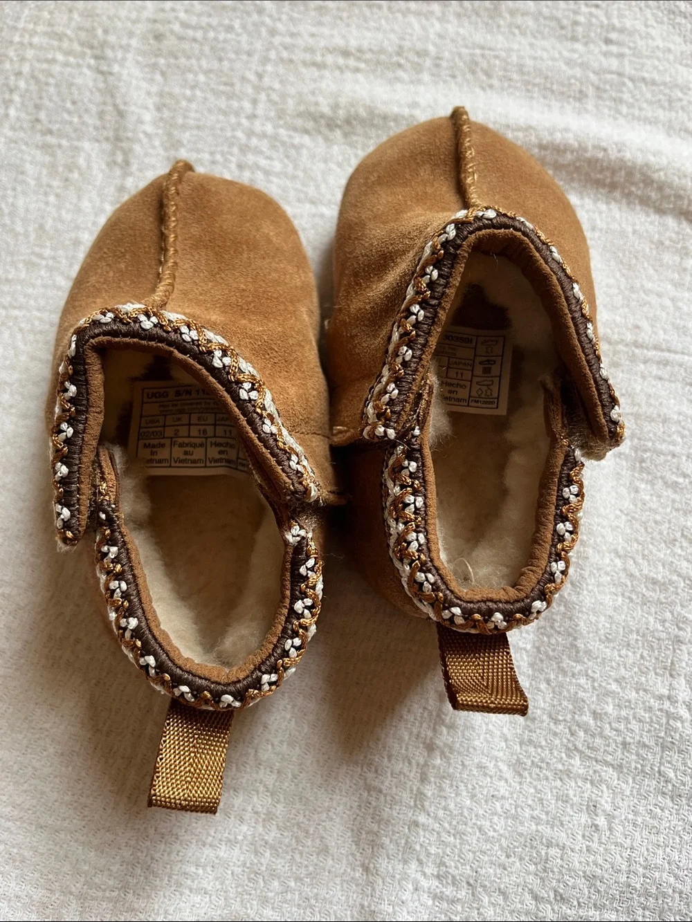 UGG Baby Chestnut Brown Suede Sheepskin Lined Slippers with Beaded Trim